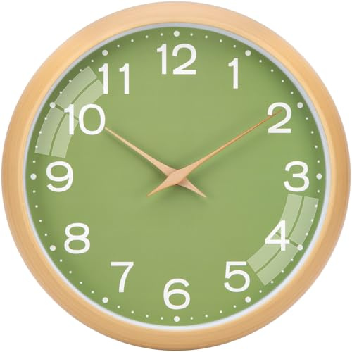 Warminn Küchenuhr Wanduhr Ohne TickgeräUsche Modern 30cm Quarz Groß Batterie Betriebene Einfach zu Lesen für Zimmer Zuhause KüChe Schlafzimmer Büro Schule (Grüner + Heller Rahmen aus Holzimitat)