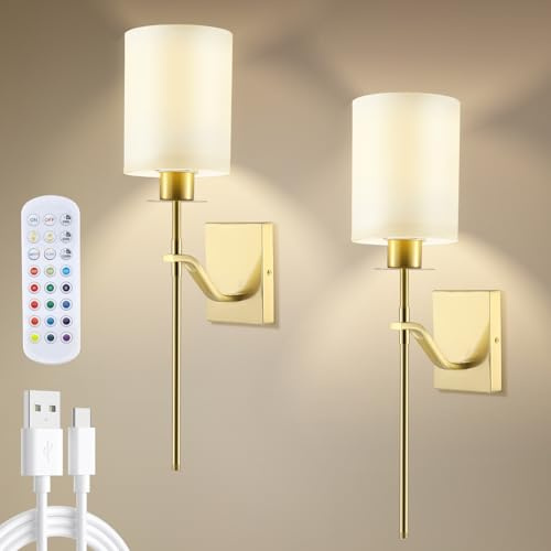 QCXWCJWD Battery Operated Wall Sconces of 2, Rechargeable LED Wall Light with Remote, Dimmable Not Hardwired Fixture, USB Charging, 12 RGB Colors & 2 Dynamic Modes, 3 Colour Temperatures(Gold)