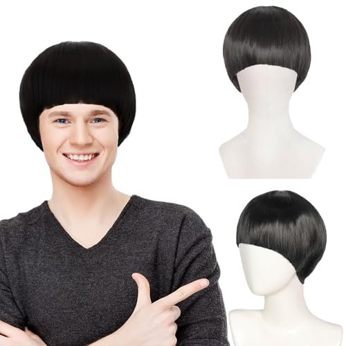 FOUNSHO Short Black Straight Wig For Men Women, Short Mushroom Wig With Full Bang Funny Bowl Cut Hairstyle, Men's 60s 70s 80s Hair Costume Movie Role Play Fancy Dress Cosplay Party Halloween (Black)