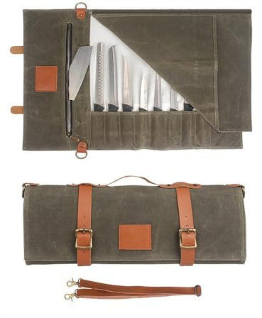Ysislybin Waxed Canvas Knife Roll Bag - 10 Knife Slots, Chef Bag with Large Zippered Pocket - Pocket for Cooking Accessories - Durable Knife Case for Chefs and Culinary Students - Knives Not Included