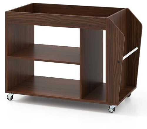 GYMAX Mesa Auxiliar Móvil, Carro de Almacenamiento de 3 Niveles con Superficie Espaciosa y 3 Compartimentos Abiertos, 4 Ruedas Universales, Adecuada para Oficina, Sala y Dormitorio, Nogal