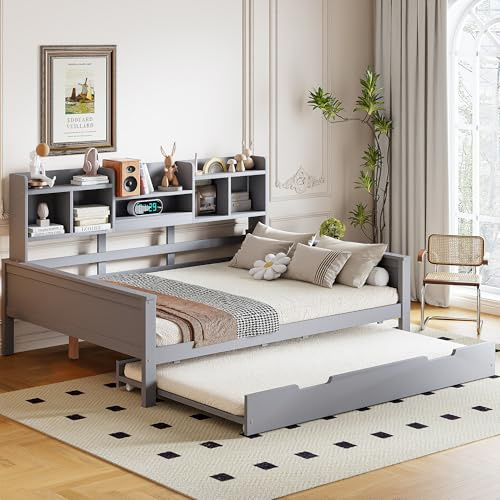 Merax Ausziehbares Schlafsofa 140x200 cm, mit Ausziehbett 90x190 cm, Rückenlehnen-Staufach, Lattenrost, Multifunktionsbett für Gästezimmer, Arbeitszimmer, Grau