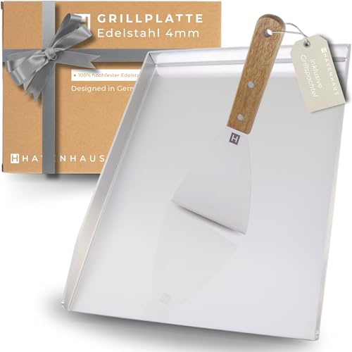 Edelstahl Plancha 40x30 | Massive Grill Platte aus 4mm dickem Edelstahl, gefertigt aus einem Guss | geeignet für Gasgrill & Kohlegrill | inklusive kleinem Grillspachtel | Edelstahlplatte Grill 4.2kg