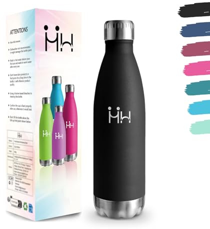Botella Agua Acero Inoxidable, 750 ml Libre de BPA, Botella Termica, 18/8 Acero Inoxidable, Botellas Agua, Aislamiento al Vacío de Boble Pared, Cantimplora Acero Termica para Senderismo - Negro