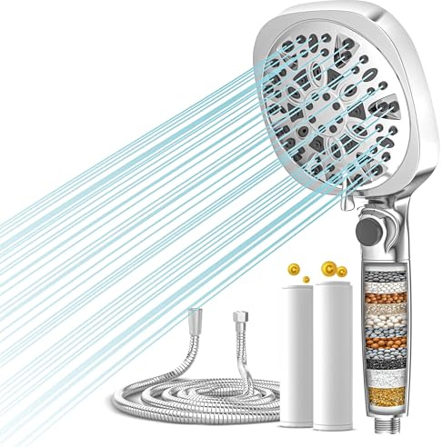 Filtered Shower Head and Hose, 8 Spray Modes + Jet Wash, High Pressure Handheld Shower Head with 2 Vitamin C Filters, Removes Chlorine & Hard Water