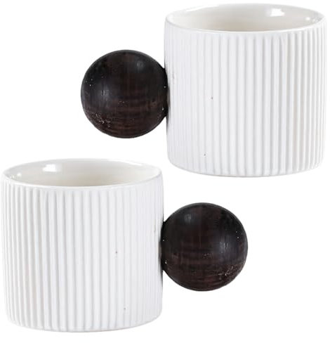 Juego de 2 mini tazas de café expreso, tazas de cerámica de 2 onzas con asas redondas de madera, rayas verticales para bebidas frías y calientes