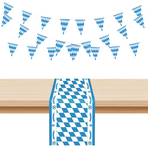 Axvxby Oktoberfest Deko Set mit Tischläufer Blau Weiß und Wimpelkette 10m Bayerische Tischdecke Wimpel Girlande für Bierfest Party Küche Esstisch Bar Bierzelte