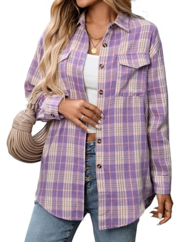 seiveini Chemise Femme Chemisier a Carreaux en Flanelle Blouse Tunique Chic et Élégant Automne Hiver A Violet S