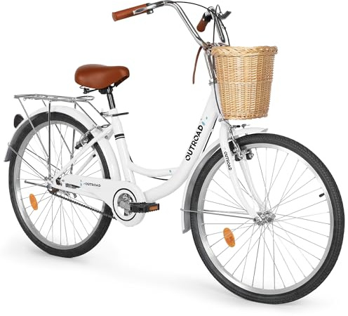 Brightpeak 24 Beach Cruiser Bike for Women Men - Comfort City Bicycle with Front Basket & Rear Storage | Adjustable Seat Height | Sturdy High-Carbon Steel Frame （White）