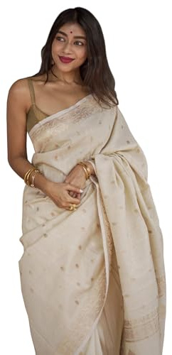 Sugathari Sari da donna in seta jacquard dell'India merid, Beige, taglia unica