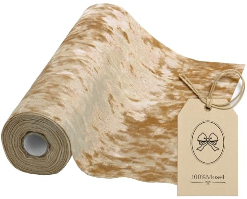 100%Mosel Samt Tischläufer, in Gold-Beige (28 cm x 5 m), Tischband | Glänzende Pannesamt-Optik, edle Tischdeko für Hochzeit und Weihnachten, Dekoration zu besonderen Anlässen
