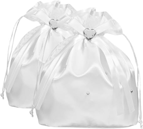 MERRYHAPY 2 Pezzi Borsa da Sposa Bianco Satinato con Strass e Fiocco Cuore Sacchetto Porta Soldi Leggero per Matrimonio Occidentale Eleganti per Sposa