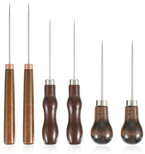 6Pcs Awl Tool Set, Leather Scratch Hollow Hook Awl Tool Kit, Gourd Shape Handle Punch Tools for DIY Leather Sewing Stitching Bookbinding Punching Repairing Craft