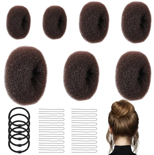 Jeffdad 32 Stück Duttkissen Haar Donuts Haarknotenformer Frisurenhilfe | 7 Stück Haar Donut Brötchen Maker mit 5 Elastischen Haarband und 20 U-Form Haarspange für Kinder Mädchen Frauen (3 Größen)