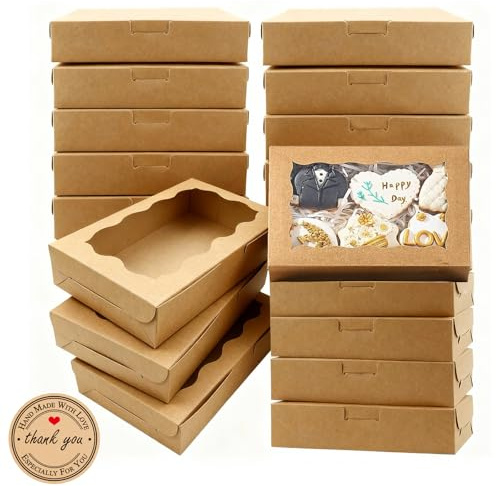 QingWing 20 Stück 18 x 11 x 4cm Kraftpapierboxen Mit Klarem Fenster Braun | Kraftpapier Gebäckkarton, Geschenkbox Kraftpapier mit 21 Runden Aufklebern für Cookies Cupcakes Süßigkeiten Verpackung