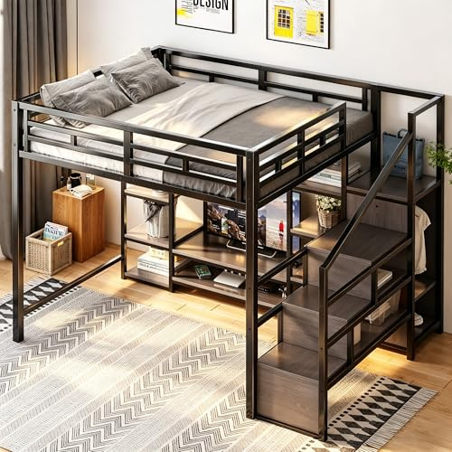 Merax Hochbett 140x200 cm mit TV-Ständer, Steckdose & Sicherheitsleiter, stabile Metall-Holz-Kombination, platzsparendes Etagenbett mit Stauraum, schwarz (ohne Matratze)