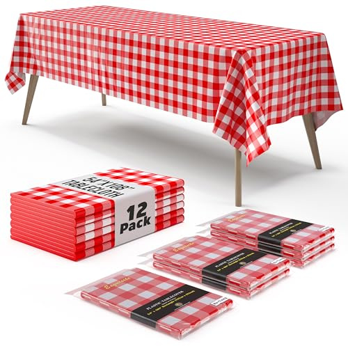 Exquisite Picnic Table Cover - 12 Pack Premium Rectangle Plastic Tablecloth - Red & White Checkered BBQ Table Cover - Gingham Checkerboard Disposable Tablecloth 54 x 108 Rectangle