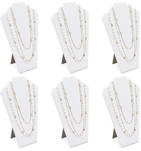 MOOCA 6 Pieces Deluxe White Faux Leather Covered MDF Wood with Cardboard Easel Necklace Display, Jewelry Stand Necklace Display for Craft Shows, 8 1/2 W x 3 D x 12 1/2 H in