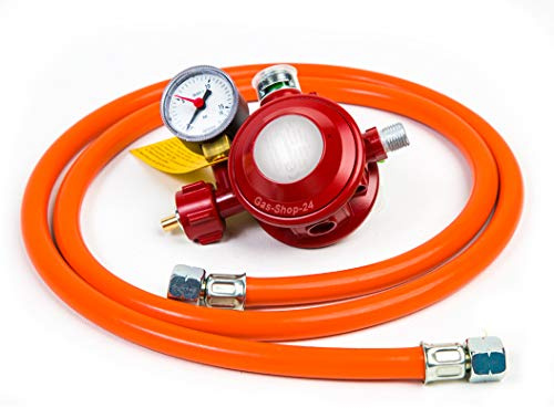 Anschluss-Set bestehend aus Haushalts-Druckminderer 50 mbar + Gasschlauch 150 cm (f. Gasgeräte z.B. Gaskocher, Gasherd, Hockerkocher, Campingkocher Heizofen) Gas Regler Regulator Haushaltsregler