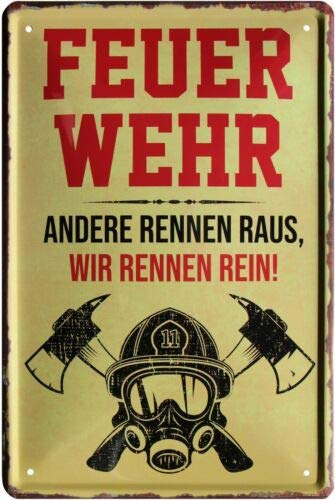 WOGEKA ART Retro Blechschild - Feuerwehr - Andere rennen raus, wir rein - witziger Spruch als Geschenk-Idee zum Geburtstag Weihnachten zur Dekoration 20x30 cm Vintage-Design aus Metall 1573