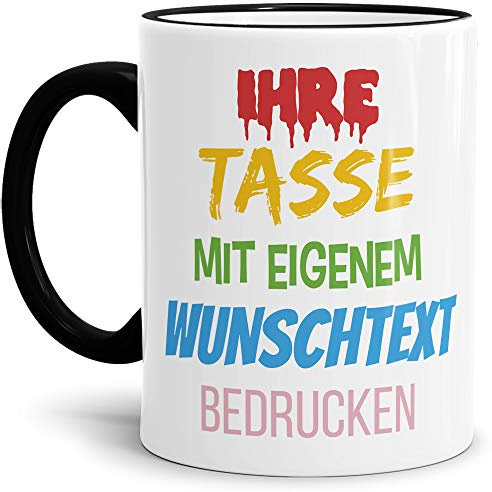 Tasse selbst gestalten/mit eigenem Text beschriften/Wunsch-Name/Spruch-Tasse/Rand & Henkel Schwarz/Links & Rechts vom Henkel bedruckt