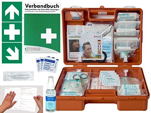 Verbandskoffer/Verbandskasten (M) Typ C -Paket 1- Erste Hilfe nach aktueller DIN 13157 für Betriebe -DSGVO- INKL. PERFORIERTEM VERBANDBUCH + Hygiene-Gel & Folienaufkleber