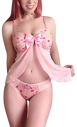 LittleForBig Women Nightwear Lace Babydoll Strap Chemise Halter Lingerie V Neck Sleepwear-Usagi Moon L Pink