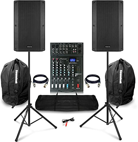 Vonyx Professional Complete PA System Package - VSA120S 12 Active/Passive Speakers, Studiomaster Club XS6 Mixer, Bluetooth Streaming, Speaker Stands, Cables & Bags for Bands, Singers & Churches