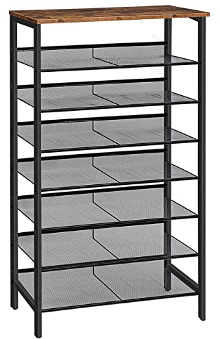 HOOBRO 8-stöckiges Schuhregal, Schuhschrank hoch, Große schmal Schuhablage, Flache und kippbare Gitternetzregale, Metall, für 24-32 Paar, für Eingang, Flur, vintagebraun-schwarz EBF18XJ01