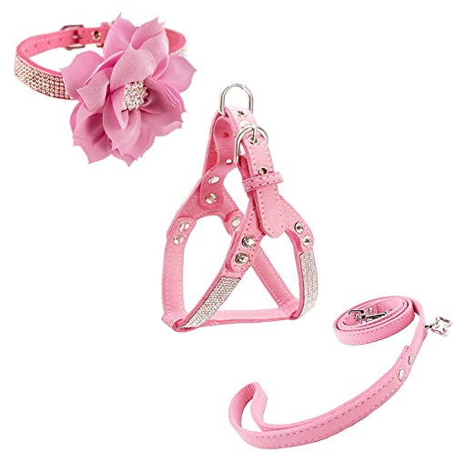 Newtensina Blumen-Hundehalsband & Geschirr & Leine Sets Bequem Weich Welpenhalsband Diamant mit Geschirr und Leinen Set für Hund – Rosa – XS