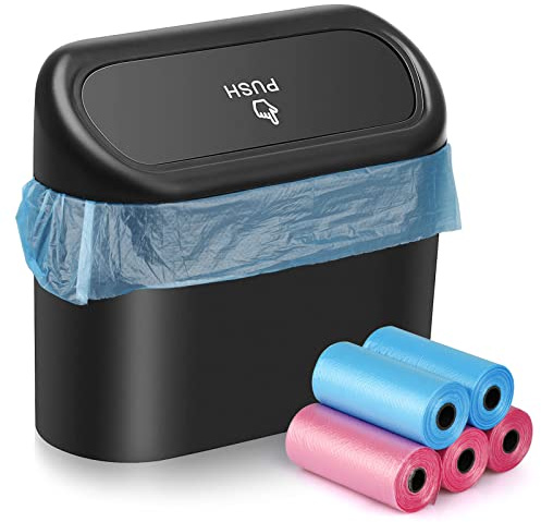 JOYSKY Mini cubo de basura plegable para coche, con 100 bolsas de basura, caja de almacenamiento pequeña con tapa, 15,5 x 6,5 x 14 cm, color negro