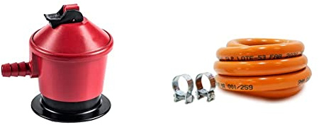 S&M Regulador 50 mbar para Botellas de Gas Butano o Propano, Rojo & 321535 Kit Tubería homologada de Gas Butano de 1,5 metros - Ø 9mm con abrazaderas con pestaña