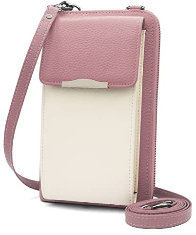 Sac Telephone en Cuir Femme Pochette Portefeuille RFID Blocage avec Bandoulière, 18 Porte Carte et Dragonne (Rose-blanc)