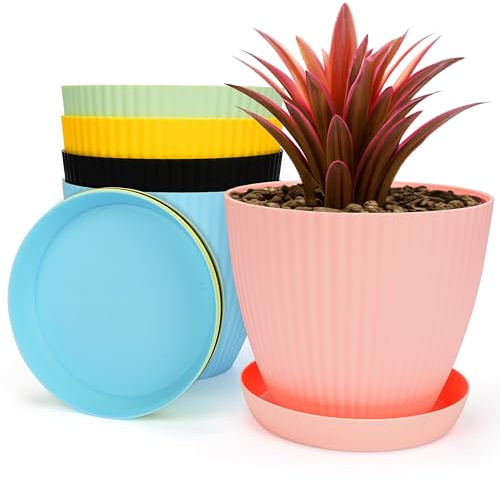 BELLE VOUS 5 Pack of Colourful Plastic Plant Pots Drainage Holes and Saucer Trays - 14.5cm/5.7 Inches - Decorative Indoor Flower Planter Pots for All House Plants, Succulents and Nursery Seedlings