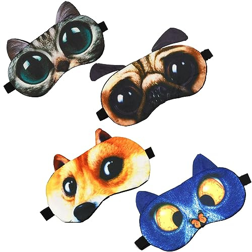 GRPSKCOS Kinder Schlafmaske, 4 Pack niedliche Tier lustig Schlaf Augenmaske zum Schlafen weiche Augenbinde mit verstellbarem Gurt für Kinder Erwachsene Reisen Naps Shift Works Spiele(#1 Style A)