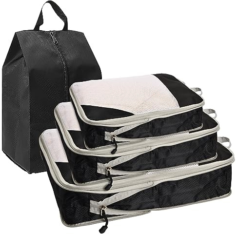 Borse Laterali a Compressione 4 Pezzi Organizer per Vestiti Resistente all'Acqua Valigia Set di Cubi di Imballaggio a Compressione Deposito Bagagli Riutilizzabile Borse da Viaggio Nere