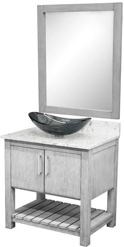Miseno MV-30SG-NOBV-6001-324G-MIR 30 Free Standing Single Basin Vanity Set with Cabinet, Quartz Vanity Top, Oval Glass Vessel Sink and Mirror - Stonewash Grey/Cafe Mocha Top/Brushed Nickel