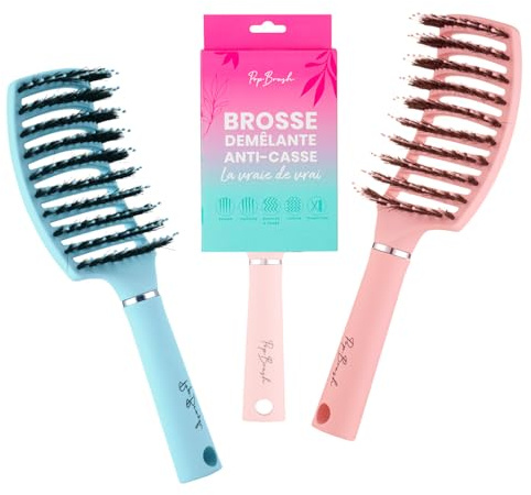 Popbrush - Brosse Démêlante Anti-Casse Enfant et Adulte - Poils de Sanglier Naturels et Nylon - Démêlage Sans Douleur Cheveux Bouclés, Fins, Crépus, Afros - Lot de 2 Brosses (Bleu Pastel/Rose Pastel)