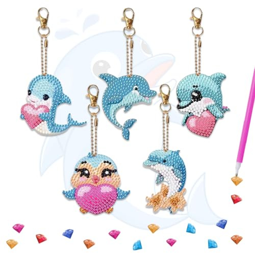 Zamety 5 Stück Diamond Painting Schlüsselanhänger Delfin Anhänger | DIY Delfin Schlüsselanhänger, 5D Diamant Crystal Art für Kinder und Erwachsene