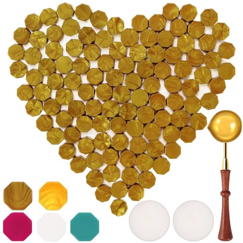 Foonii 100 Stück Siegelwachs Perlen Set mit 1 Schmelzlöffel, 2 Teelichte | Siegellack Perlen Set für Umschlag/Einladungen/Karten/Geschenk (Bronze)