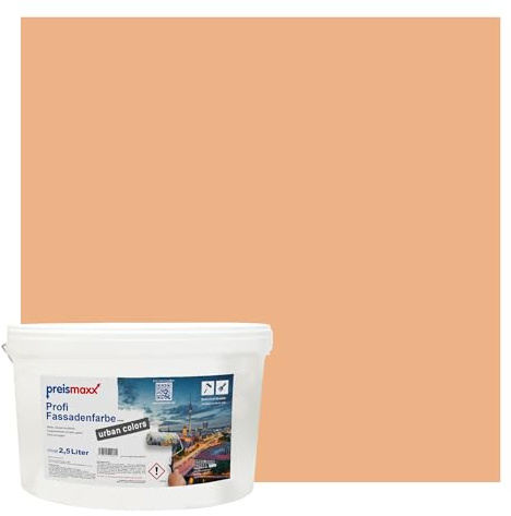 Preismaxx Profi Fassadenfarbe Orange Aprikose silikonharzverstärkt 2,5l | Für Putz Beton, Abperleffekt, wasserabweisend, UV-beständig, hohe Deckkraft, rissfüllend, diffusionsoffen, Made in Germany,