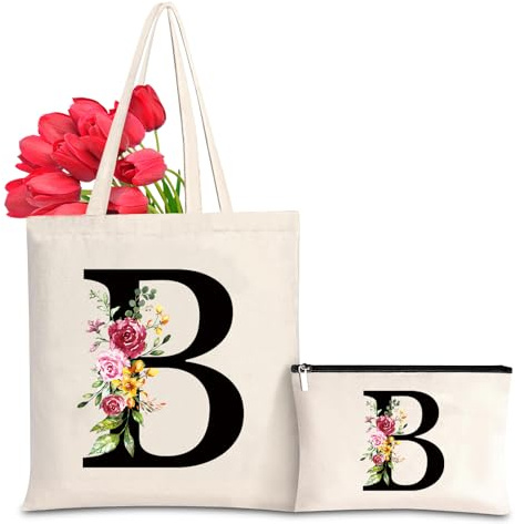 Baumwolltasche personalisiert mit Namen, Frauen Initialen Einkaufstasche Geschenk Tragetasche und Kosmetiktasche für Damen Freundin Mama Geburtstag, Hochzeit, Valentinstag, Muttertag Tasche(B)