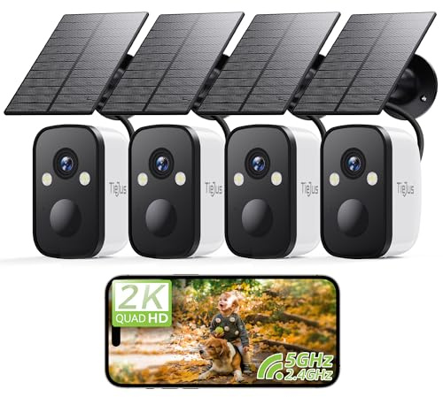 TIEJUS 2K 5G Security Cameras Wireless Outdoor, 4-Pack Solar-Powered Camera for Home with Full Color Night Vision, PIR Detection, IP66/Alexa/2 Way Talk, No Subscription, 5G/2.4GHz WiFi