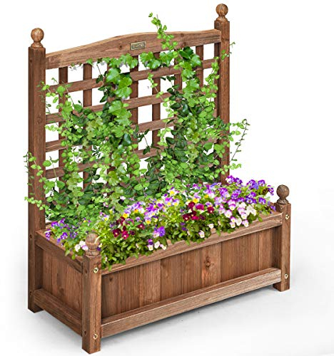 RELAX4LIFE Jardinière avec Treillis en Bois de Cèdre, Bac à Plante Rectangulaire avec Treillis pour Plantes Fleurs, Grande Jardinière d'Extérieur pour Jardin/Véranda/Cour/Balcon, Marron