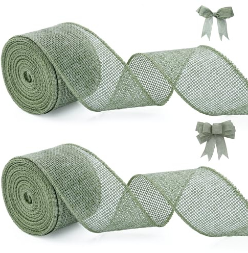 Hiswan Juteband mit Draht, 3,8 cm breit, 9,1 m, rustikales Juteband zum Basteln, salbeigrün für Kranz, Baumdekoration, Hochzeitsdekoration, Stoffband mit Draht für Geschenkverpackungen (2 Rollen)