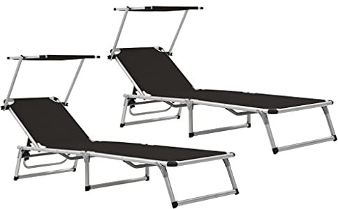 FUDUGEHMIOFWFJJ liegestuhl,liegestuhl Garten,saunaliege,Klappbare Sonnenliegen mit Dach 2 STK. Alu Textilene SchwarzGeeignet für Garten, Pooldeck, Terrasse, Wohnzimmer