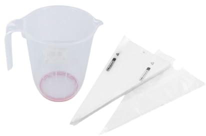 FM Professional 100 poches à douille jetables avec verre doseur 1 L | Décor précis, Lot de 100 poches, Format 50 x 28 cm, Plastique transparent, Verre doseur 1 l