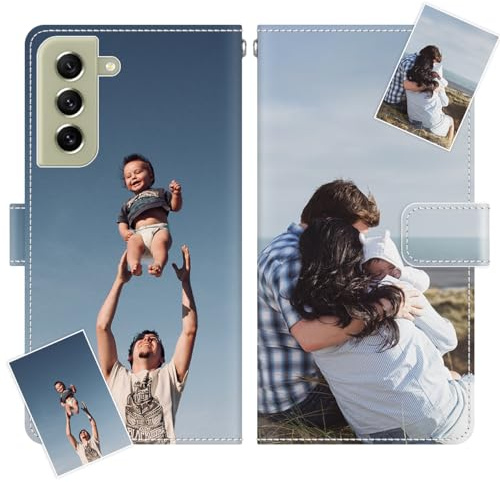 JGOYGYI Personalisierte Leder Handyhülle kompatibel mit Samsung Galaxy S21 FE 5G,Individuelle Eigenem Foto Bild Text Bildern Foldable Flip Klapphüllen Case hülle+Handykette