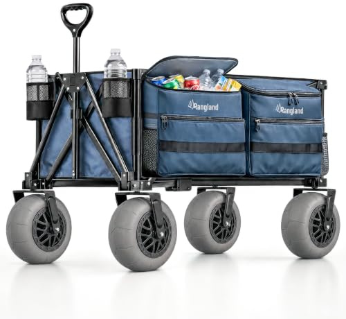 Rangland Chariot de Plage Ultime Chariot à roulettes avec Grandes Roues pour Le Sable et Refroidisseur Amovible, Pliable Tout Terrain Robuste avec pneus à Ballons, Grand Sac de Transport extérieur