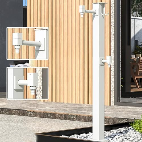 Standbrunnen, Garten, Doppelkopf, Terrasse, Wassersäule Garten, Wasserhahn, Becken, HxBxT:80cm/31.4in, Gartenbrunnen für Außen, Silber